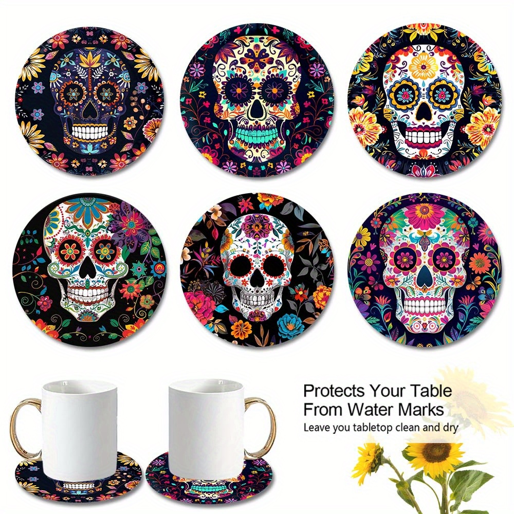 

Set Of 6 Dia De Los Muertos Coasters With Traditional Mexican Floral Design, Cork Backed Drink Coasters, Decorative Tabletop Protection For Home And Office - 9.5cm