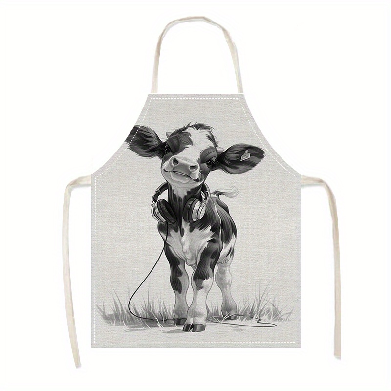 

Creative Autumn-themed Cow Print Apron - 100% Linen Woven Kitchen Apron For Cooking And Parties, Unisex, Oil And Stain Resistant For Home And Restaurant Use - 1 Piece