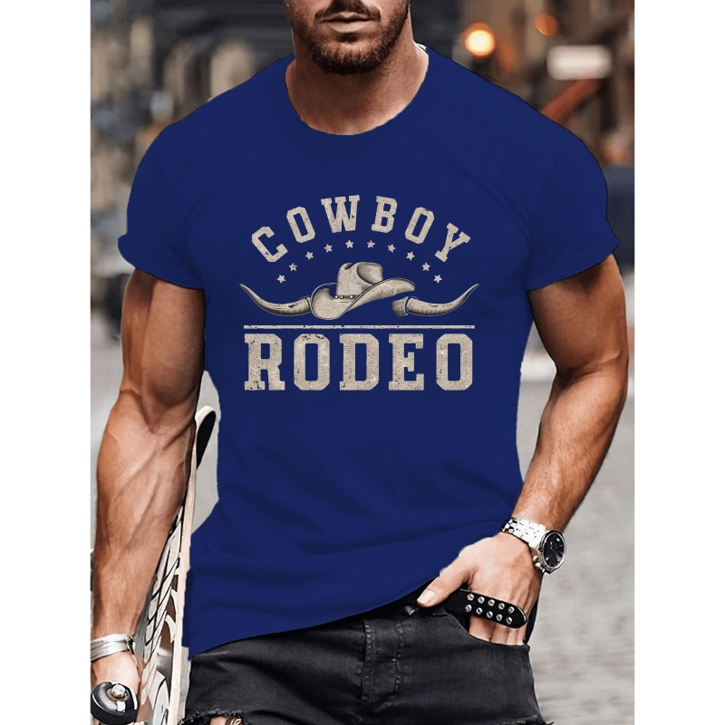 

Rodeo Rugged Cowboy Image Print Tee Shirt, Tees For Men, Casual Short Sleeve T-shirt For Summer