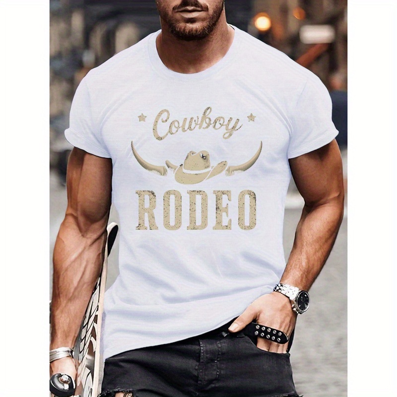 

Cowboy Themed Pattern Print Tee Shirt, Tees For Men, Casual Short Sleeve T-shirt For Summer