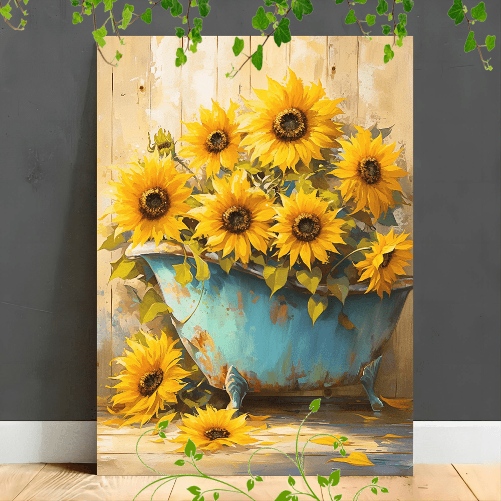 

1pc Wooden Framed Canvas Painting Sunflower Foot Bath With Retro Charm Sunflower Bath Artwork Very Suitable For Office Corridor Home Living Room Decoration Suspensibility