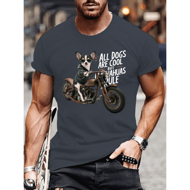

T-shirt imprimé Chihuahua à moto, T-shirts pour hommes, T-shirt décontracté à manches courtes pour l'été