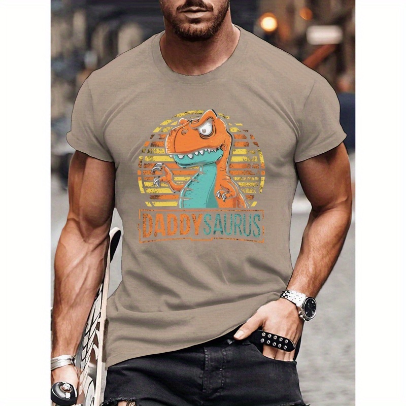 

Cartoon Dinosaur Pattern With Letter Daddy Saurus Print Tee Shirt, Tees For Men, Casual Short Sleeve T-shirt For Summer