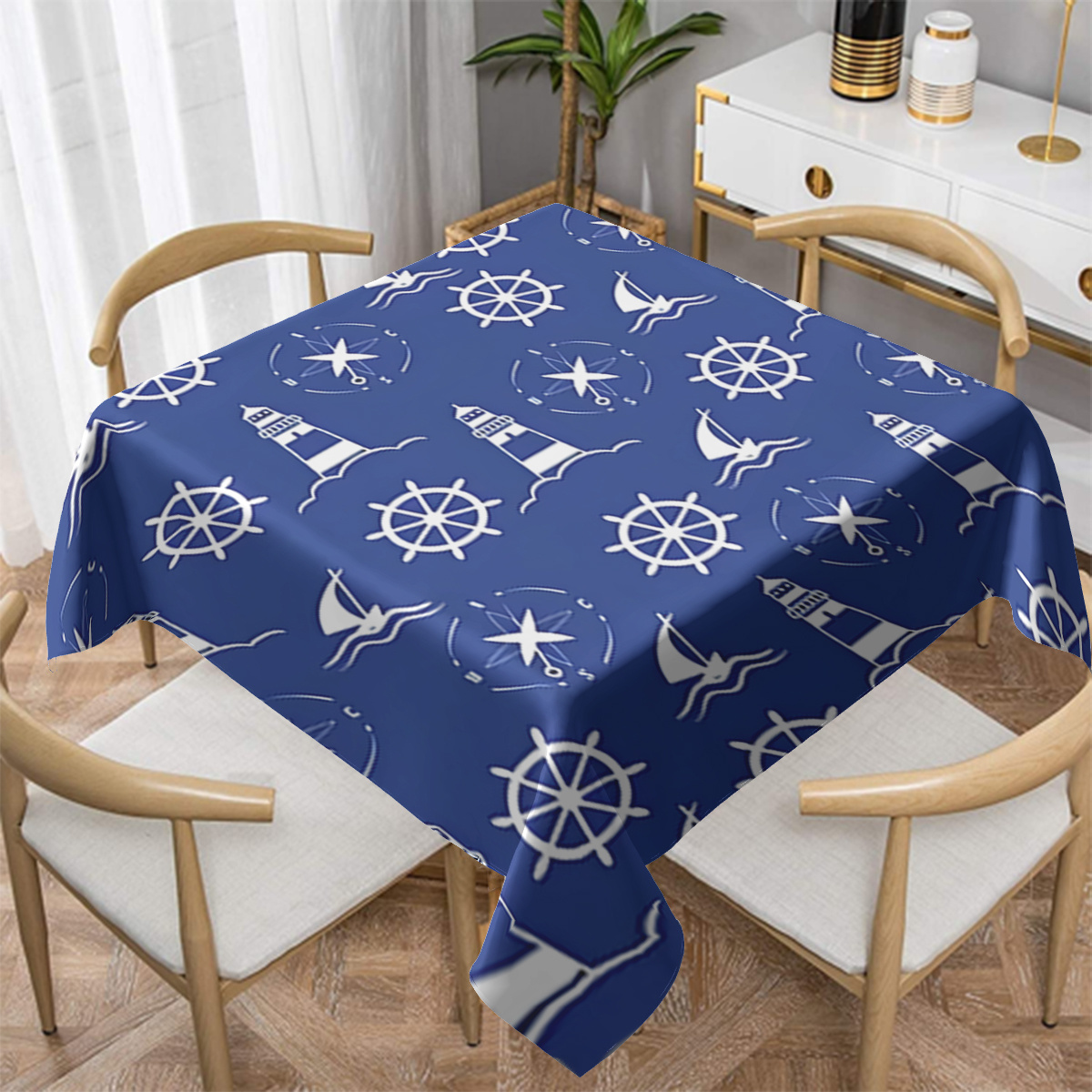 

Marine Nautical Polyester Tablecloth - Machine Made Anchor And Lighthouse Print, Versatile Indoor/outdoor Use For Parties, Picnics, Kitchen Decor, Holiday Gifts - 1pc