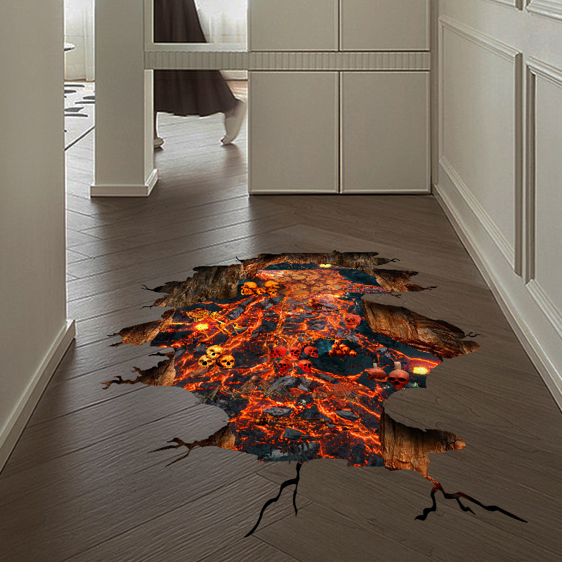 

3d Lava Floor Sticker - Pvc Self-adhesive Art Deco Wall Decals - Fiery Halloween Home Decor For Living Room Bedroom - Removable