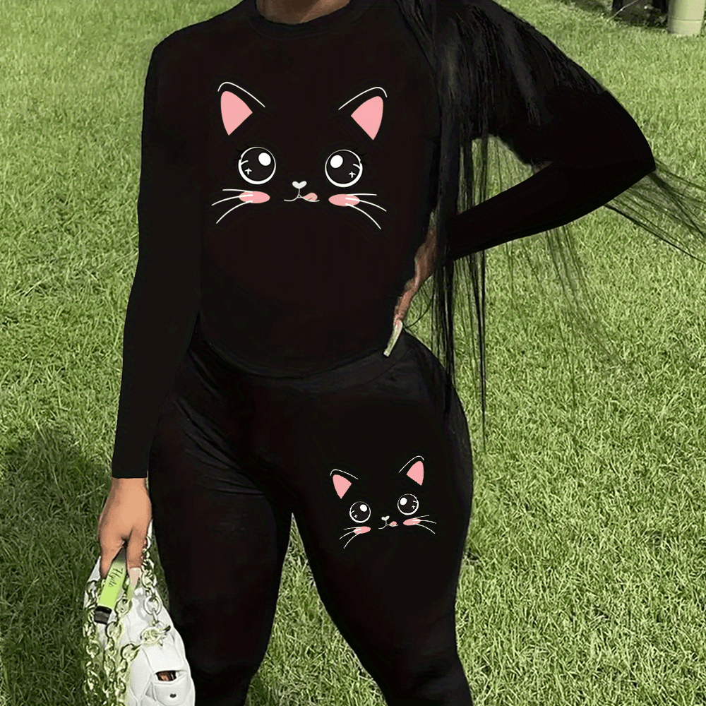 

Plus Size Cat Print Two-piece Set, Crew Neck Long Sleeve Top & Skinny Pants Outfits, Women's Plus Size Clothing