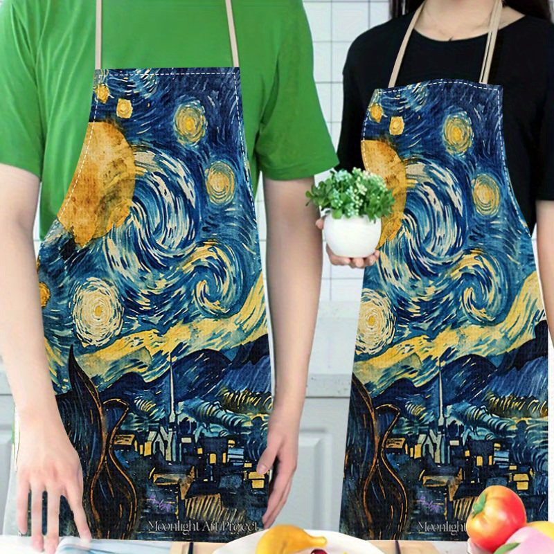 

Starry Night Artistic Apron - 1pc Premium , & Soft Thickened Kitchen Bib With Adjustable Neck - Chef & Baker Wear For Cooking, Baking, Grill - Fashionable Home & Restaurant Attire With Art