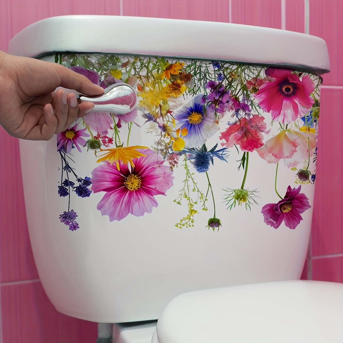 

1pc Creative Floral Toilet Decal - Removable Self-adhesive Bathroom Wall Sticker For Aesthetic Home Decor