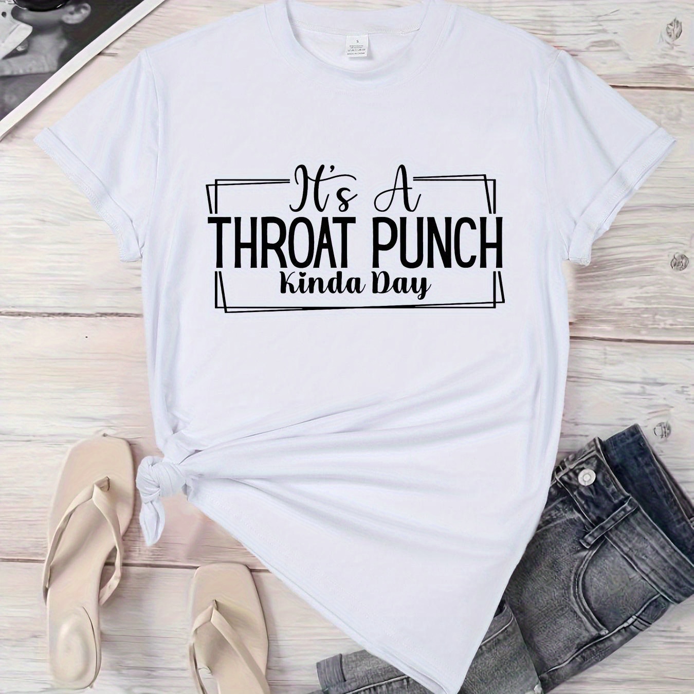 

Women's T-shirt With "it's A Throat Punch Kinda Day" Print, Casual Round Neck, Soft Fabric Short Sleeve Top