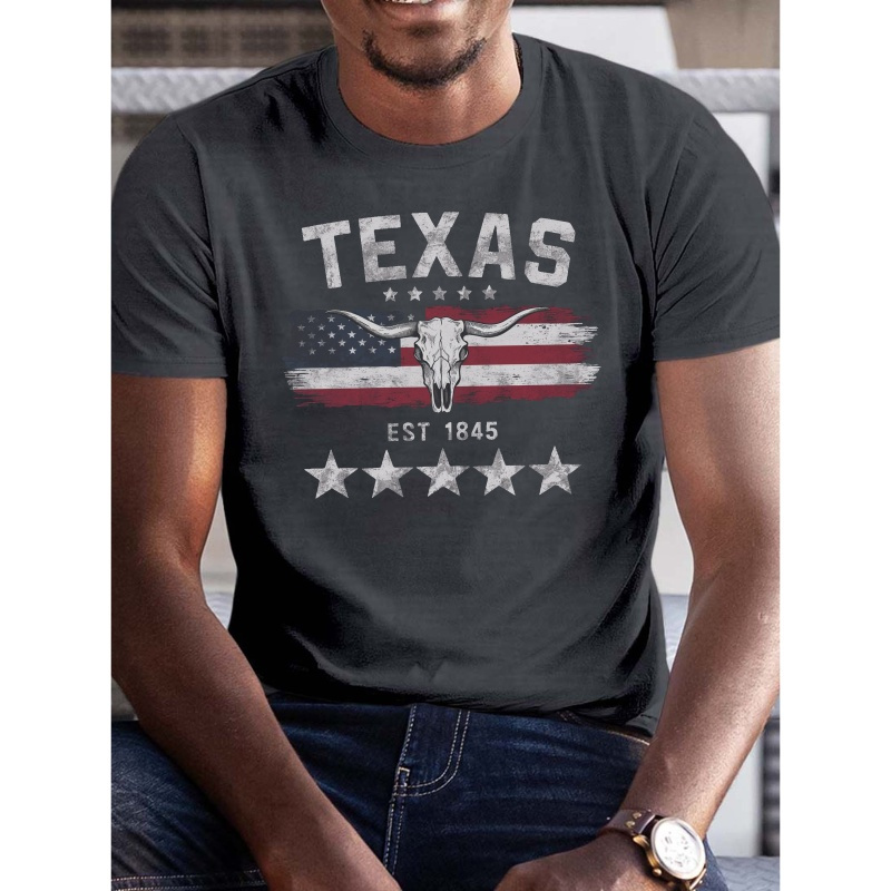 

T-shirt Imprimé Patriotique Longhorn Texas, Tees pour Hommes, T-shirt Décontracté à Manches Courtes pour l'Été, Imprimé , Style Loisirs, Version Conventionnelle, Été