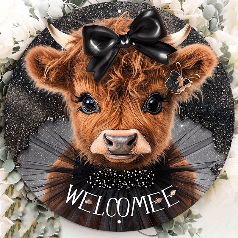 

8x8inch/20x20cm Aluminum Metal Sign: Adorable Highland Cow With Sparkling Eyes, Dressed In A Black Tulle Dress And Bow, Perfect For Home Decor
