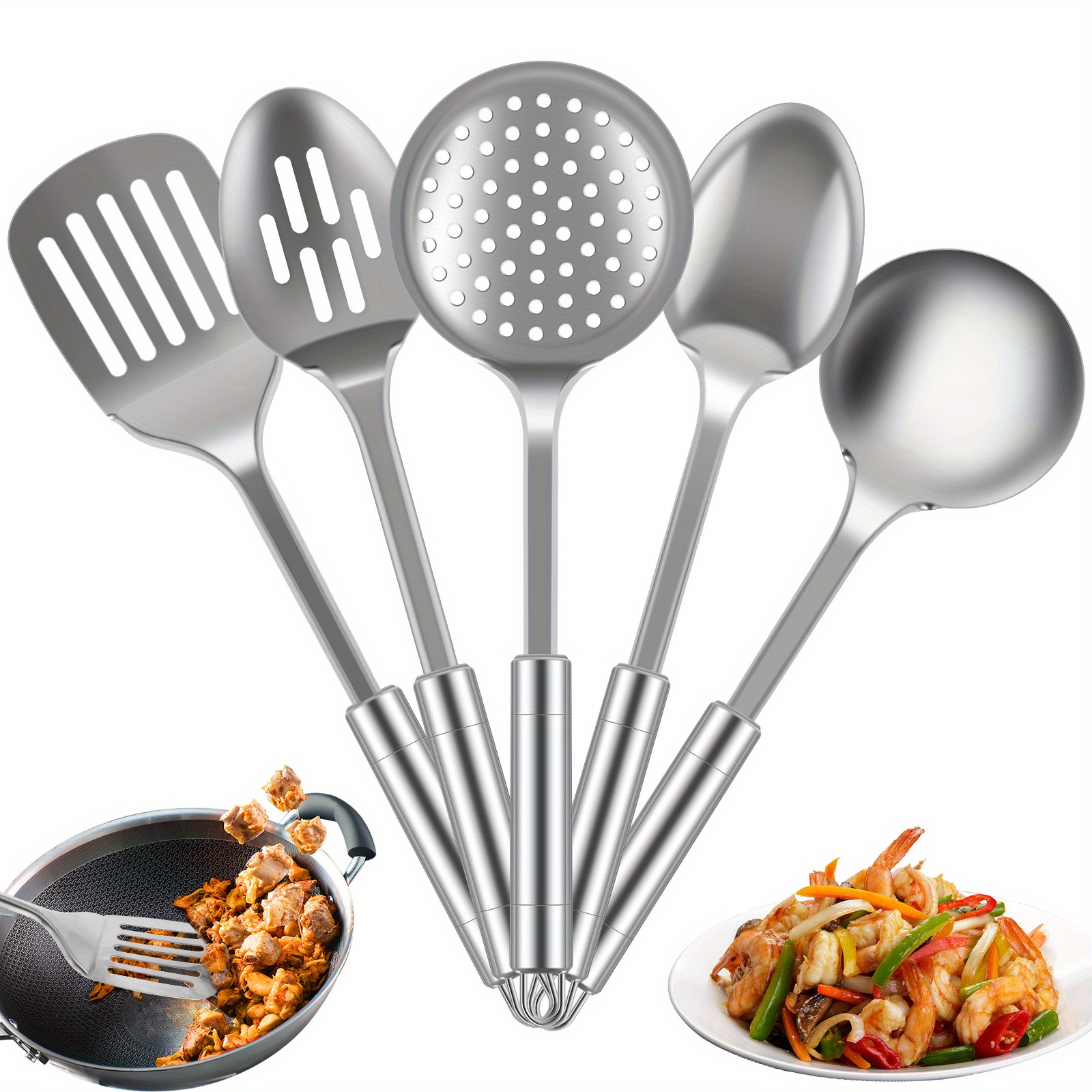 

5pcs Stainless Steel Kitchen Utensil Set With Ergonomic Handles - , Easy-to-clean Spoons & Spatulas With Hanging Holes - Ideal For Cooking & Gifting