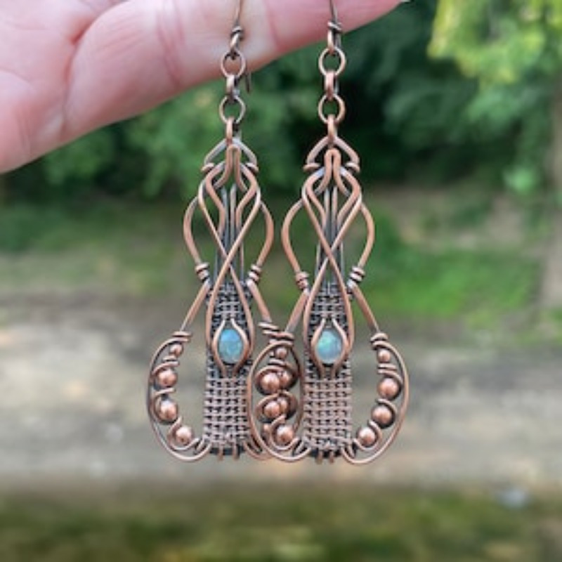 

Bohemian Style Alloy Wire-wrapped Dangle Earrings With Labradorite Stone, Vintage-inspired Lightweight Metal Jewelry, Boho Chic Accessory