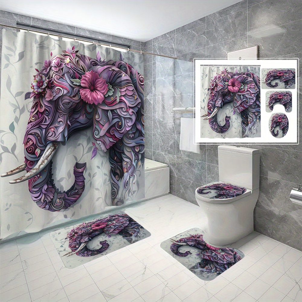 

4 Piece Elephant Shower Curtain Set With Hooks, Water-resistant Twill Weave Polyester, Cartoon Animal Design Bathroom Decor, Machine Washable Digital Print Fashion Curtain Ensemble
