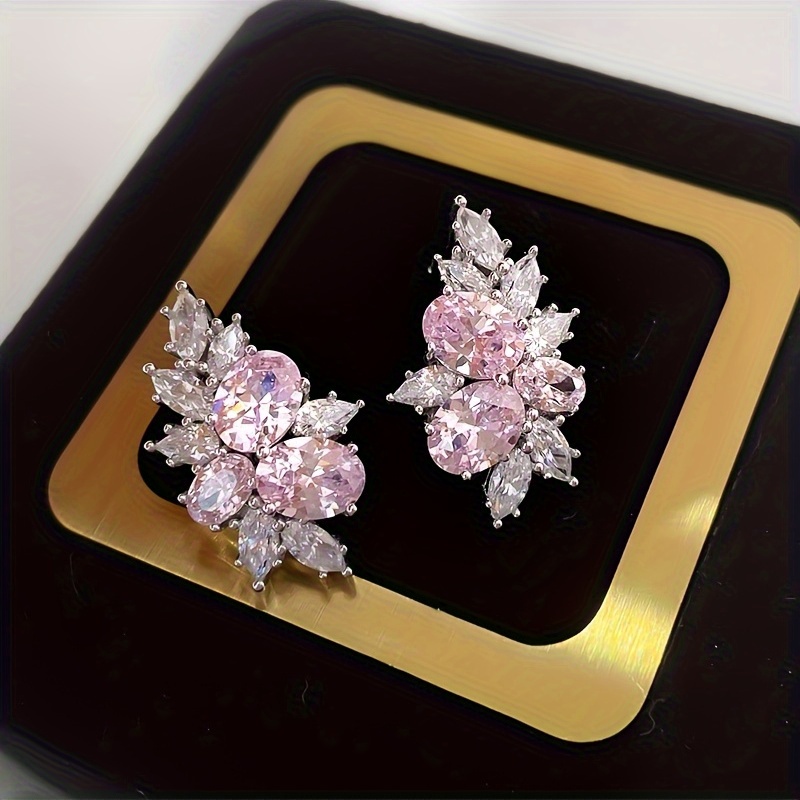 

Exquisite Stud Earrings Full Of Pink Zirconia Elegant Luxury Style Female Dating Wedding Ear Accessories Delicate Gifts