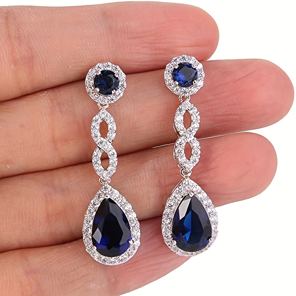 

Blue Shimmering Gemstone Dangle Earrings - Vintage Chic Silver Plated Jewelry For Glamorous Banquet Events