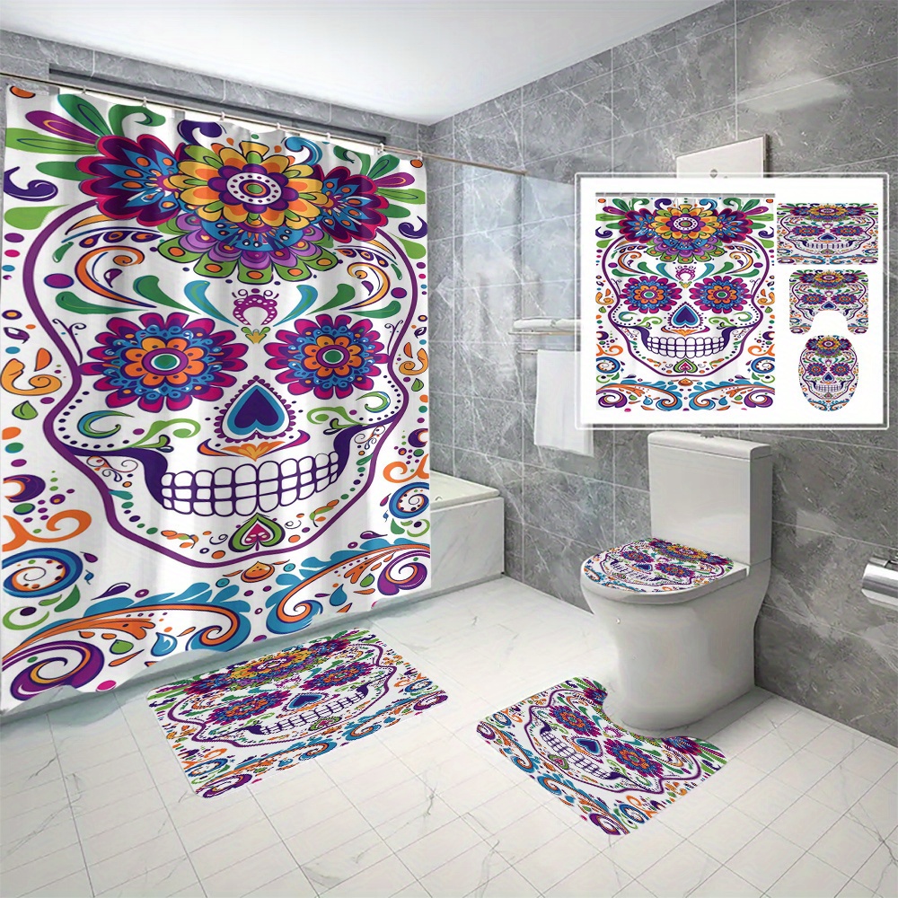

4pcs Day Of The Dead Shower Curtain Set With Hooks, Sugar Polyester Waterproof Bathroom Decor, Cartoon Twill Weave Bath Curtain With Arts Theme, Machine Washable Accessory Set