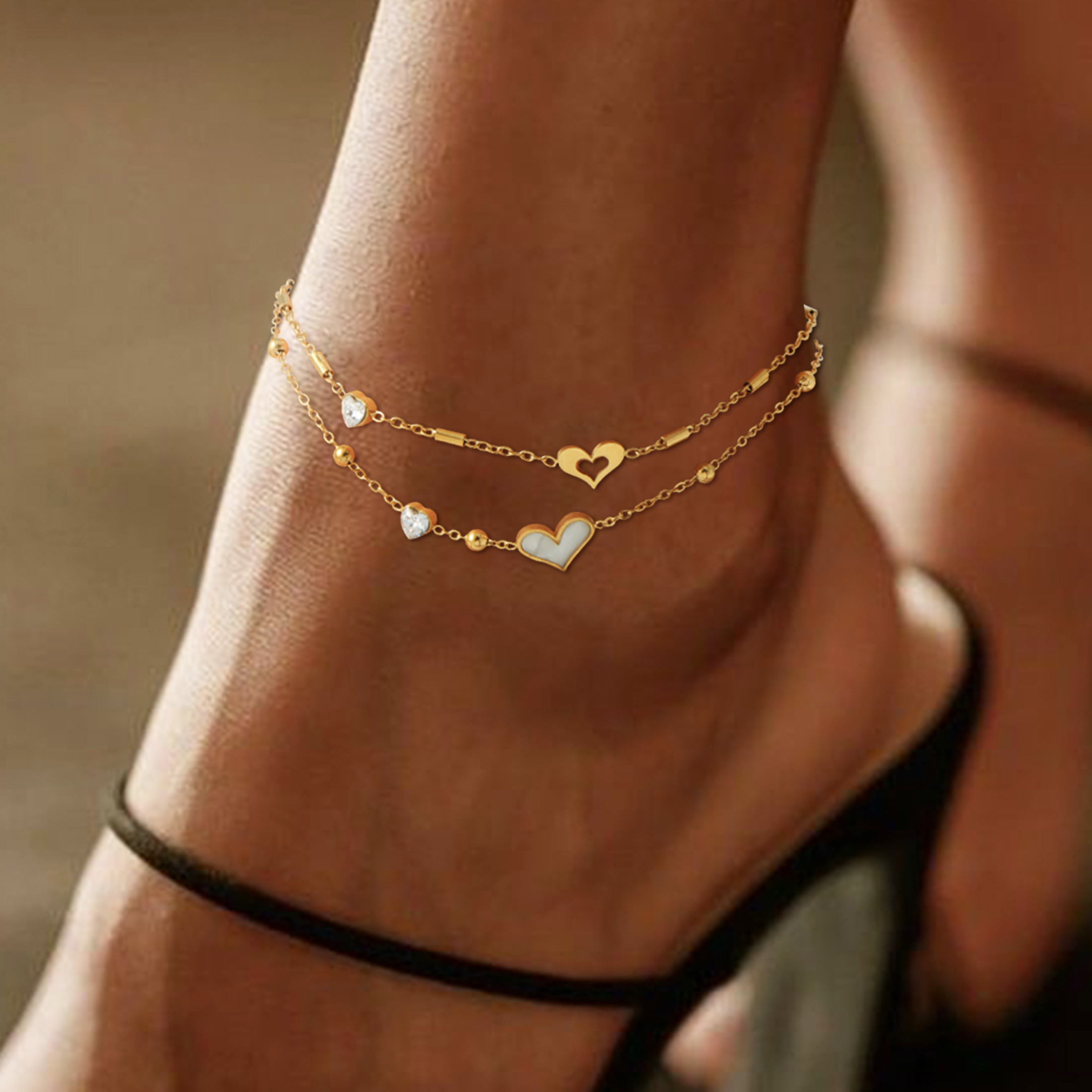 

Chic Vintage-inspired Women's Anklet With Heart-shaped Shell & Zirconia Pendant - Hypoallergenic Gold-plated Stainless Steel, Everyday & Vacation Wear