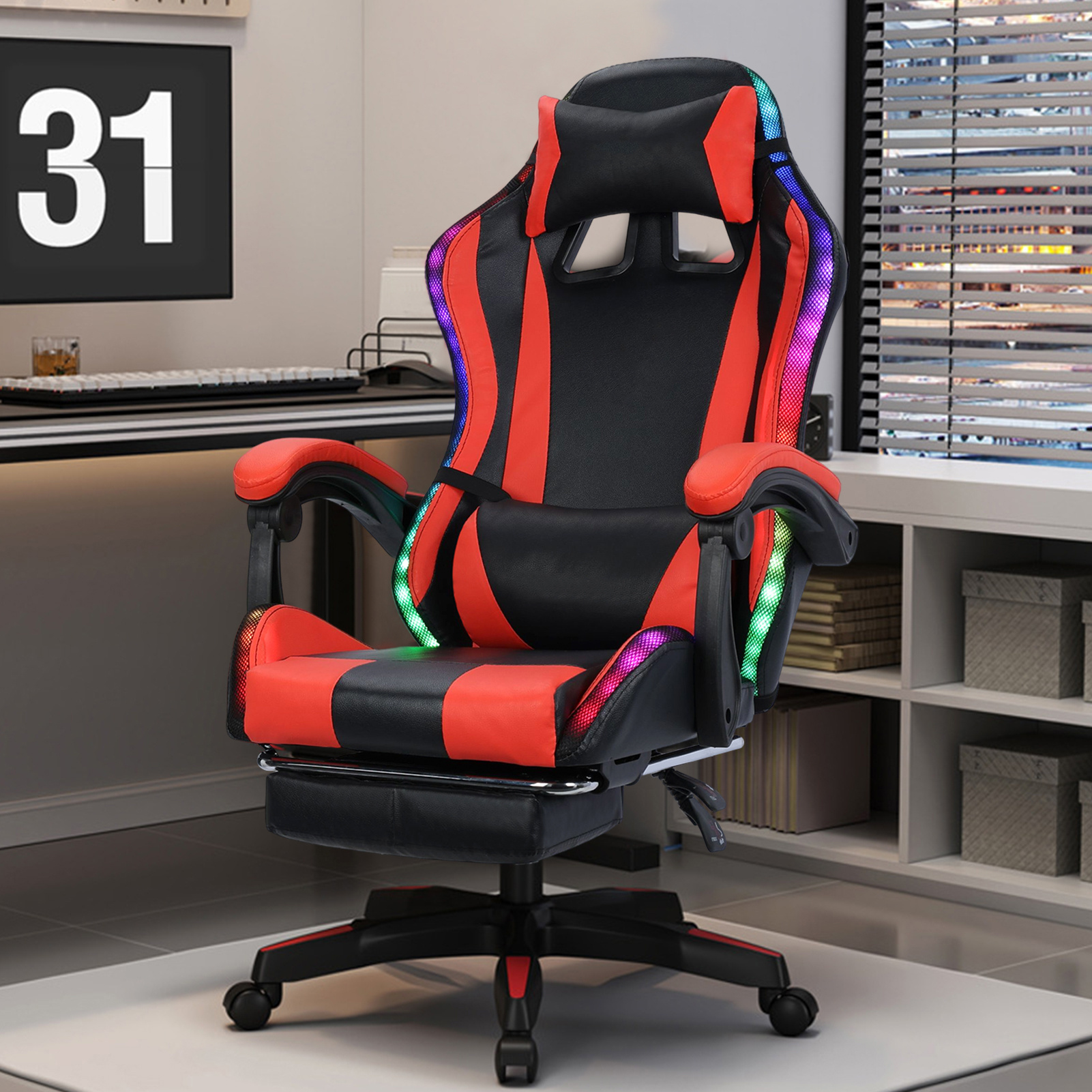 

With Compatible Speakers And Rgb Led Lights, Ergonomically Designed Massage Computer , Adjustable Height, High Backrest With Lumbar Support, 23.62 "x23.62" X47.67 "-51.61