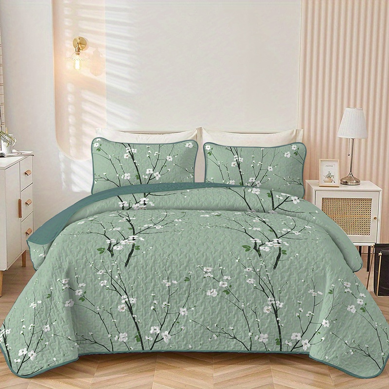 

Green Branches And Flowers : Floral Print Bed Cover Set, Queen/king Size, 3-piece Quilt Set (1 Bed Cover + 2 Pillowcases, Coreless), Soft And Lightweight Suitable For All Seasons