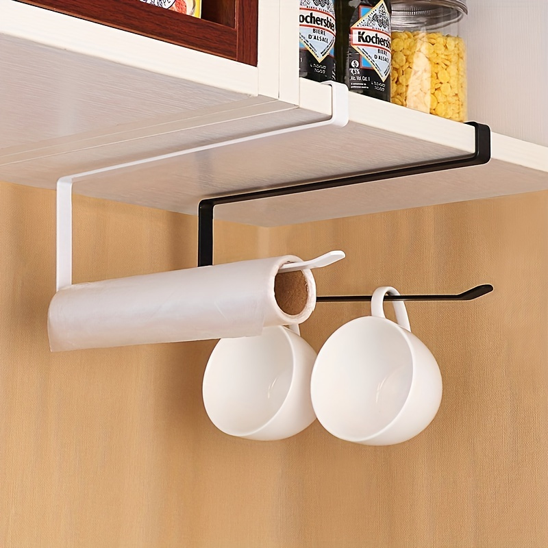 

1pc Easy-install Iron Kitchen Paper Towel Holder - Sleek White & Black, Wall-mounted, No-drill Design For Cabinet Door - Space-saving & Utensil Organizer With Hooks, Kitchen Towel