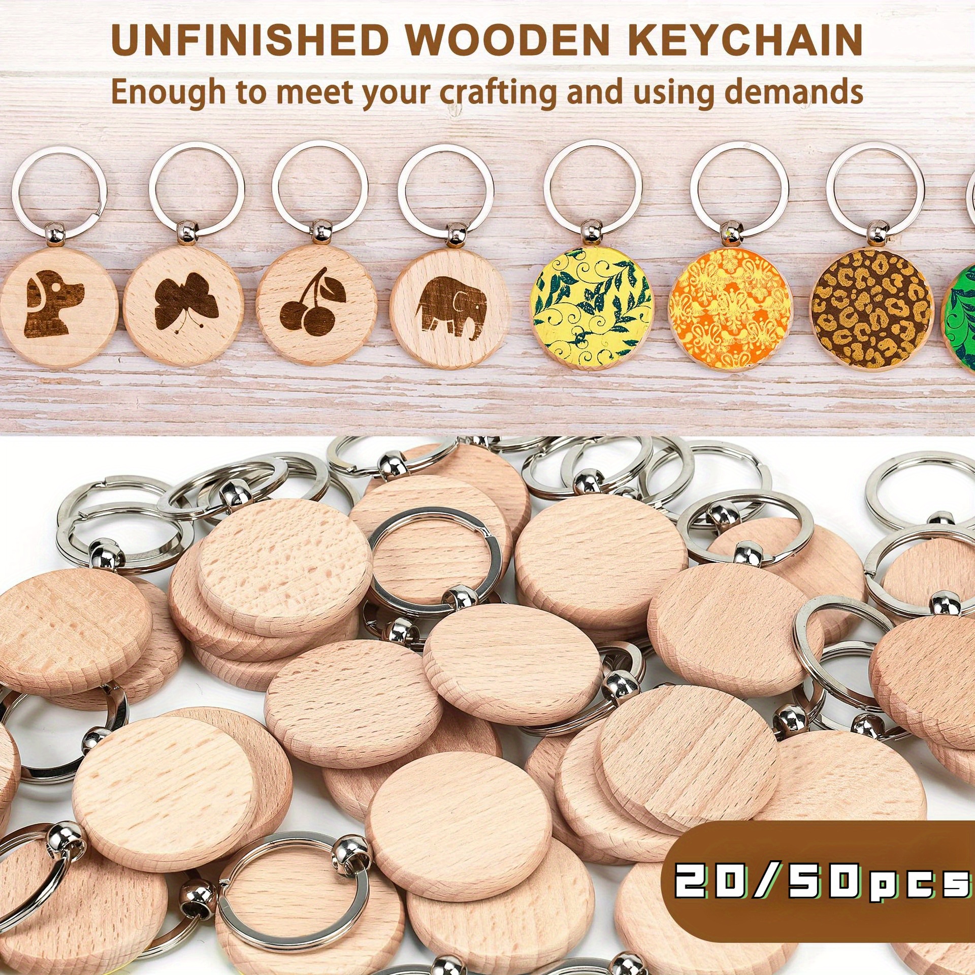 

Wooden Keychain Blanks Bulk Set For Diy Crafts And Custom Engraving - 20/50pcs Unfinished Round Wood Key Rings For Painting, Wedding Favors, And Personalized Gifts