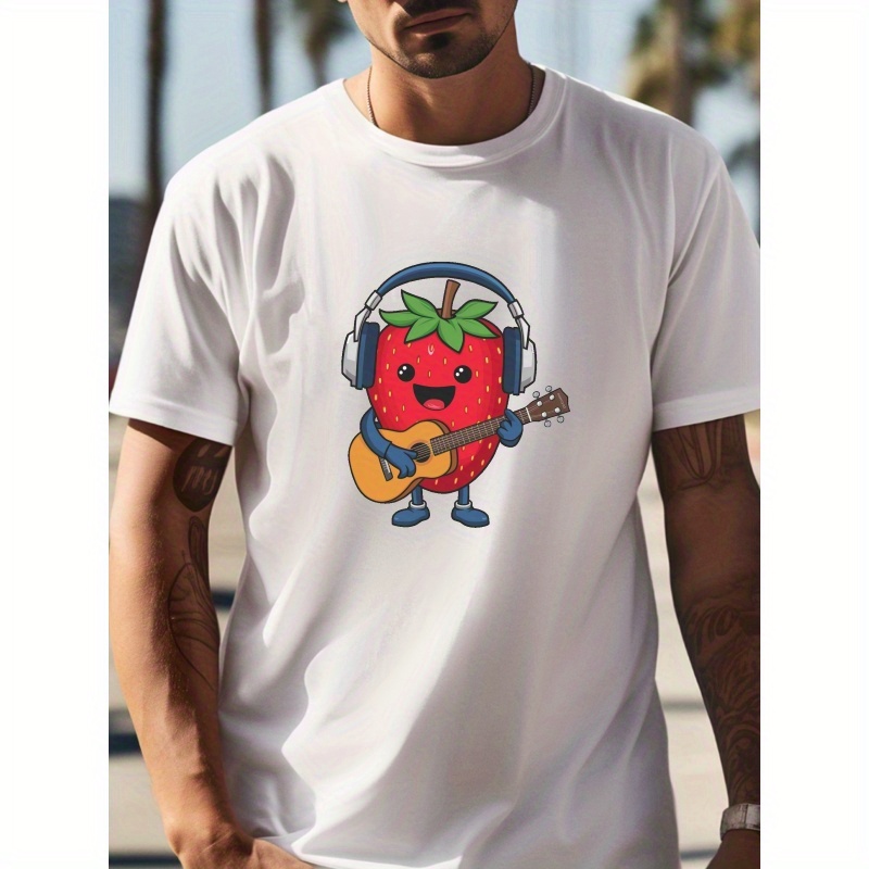 

Men's Crew Neck Short Sleeve T-shirt With Adorable Cartoon Strawberry Playing Guitar Graphic Print, Casual Comfy Lightweight Top For Daily And Outdoor Wear
