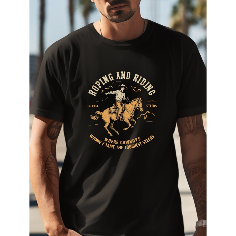 

Roping And Riding Creative Cowboy Themed Graphic Design, Men's Casual Round Neck Short Sleeve Outdoor T-shirt, Comfy Fit Top For Summer Wear