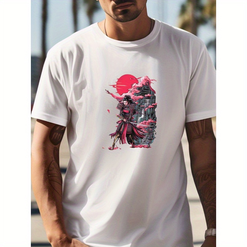 

Samurai Warrior Print, Men's Simple Slim Fit Pure Cotton Short Sleeved T-shirt For Summer, Casual Comfortable Round Neck Short Sleeved T-shirt & Lightweight Top For Men