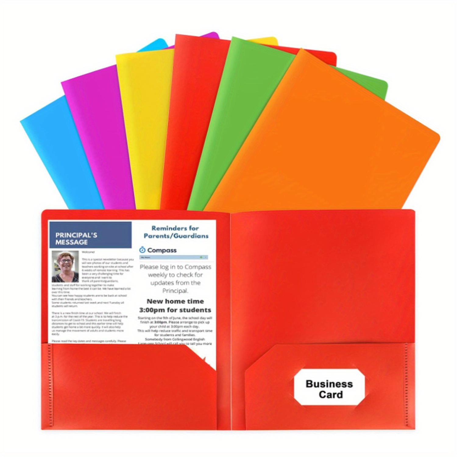 

Heavy-duty Abs Plastic 2-pocket Folders - 7 Pack, Multi-color, With Business Card Holder, Fits 50+ Sheets, Letter Size Document Organizer For Office & School