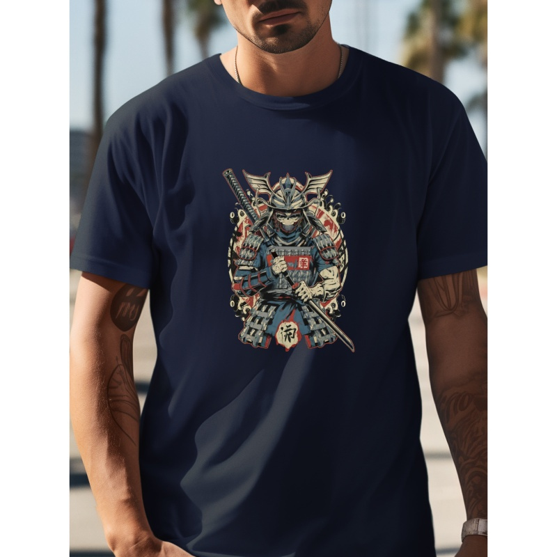 

Samurai Print, Men's Simple Slim Fit Pure Cotton Short Sleeved T-shirt For Summer, Casual Comfortable Round Neck Short Sleeved T-shirt & Lightweight Top For Men