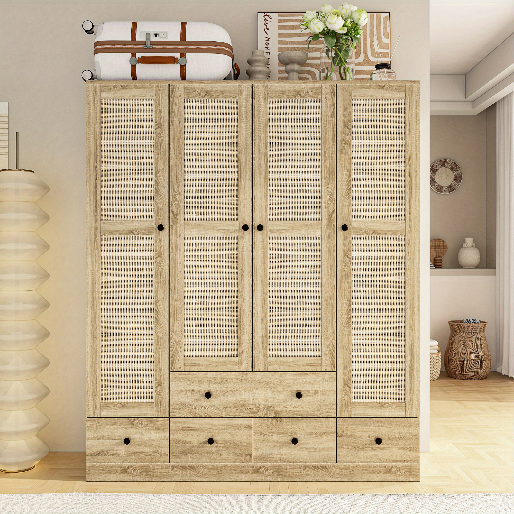 

Armoires And Wardrobes 4 Door Wardrobe With Shelves And Drawers, Rattan Door Design, Armoire Wardrobe Closet With 2 Clothing Rods