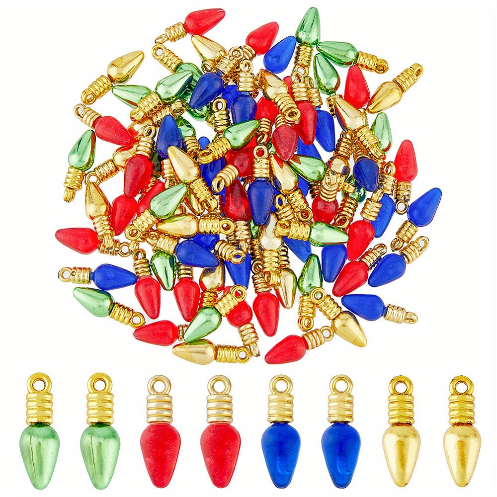 

120pcs Christmas Light Bulb Charms - Plastic Pendant Assortment In Mixed Colors For Jewelry Making, Crafts, And Diy Projects - 4 Unique Styles, Universal 1.5mm Hole Size