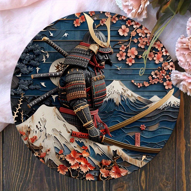 

1pc Aluminum Samurai Wall Art, 8-inch Warrior Vintage Metal Circle Decor, Japanese Themed Hd Print For Home, Man Cave, And Cafe Decoration - Waterproof, Fade Resistant, Pre-drilled
