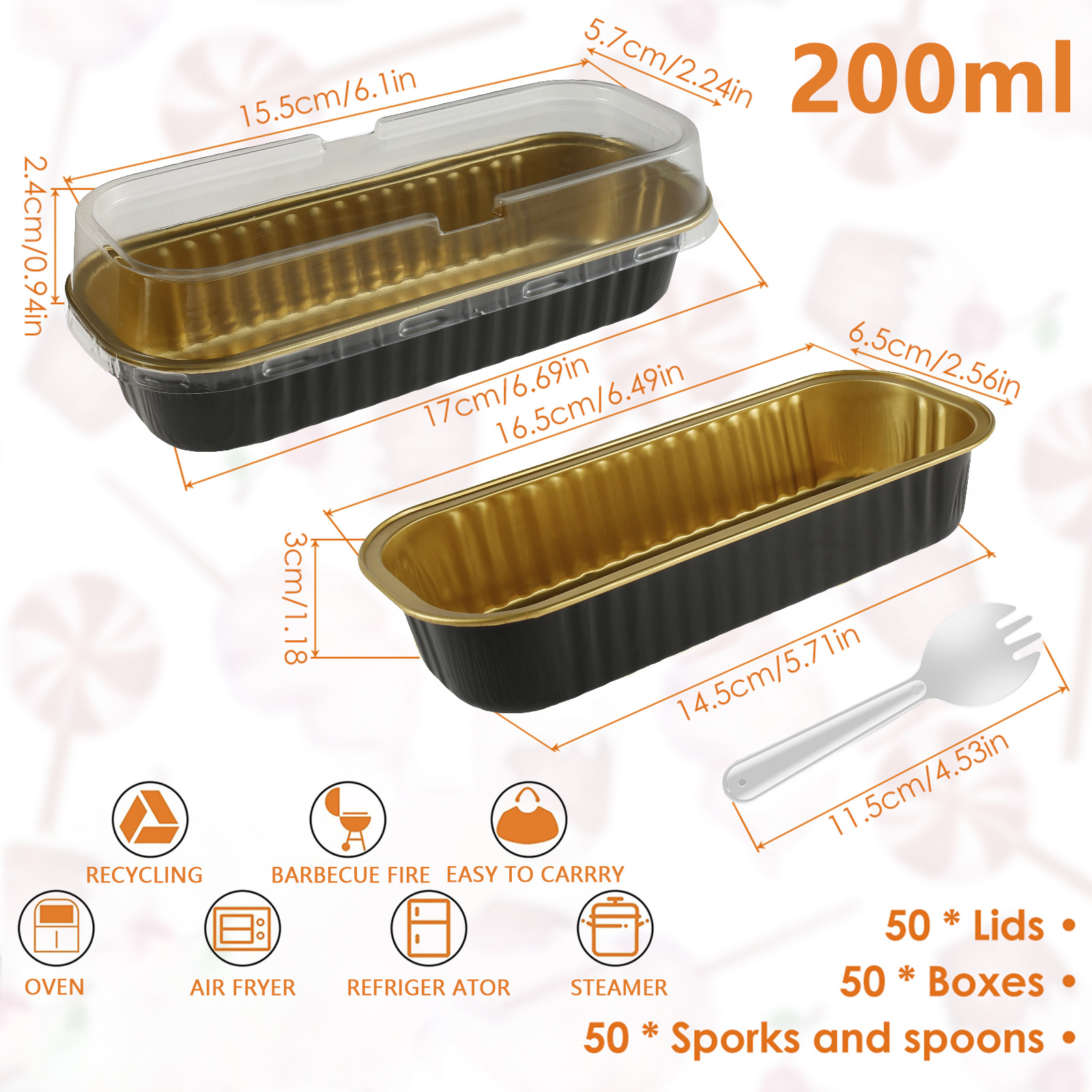 150 pcs mini cake pans with lids and spoons 200ml non stick foil baking pans reusable aluminum foil loaf pans rectangular foil bread containers portable baking cupcake liners for home kitchen details 4