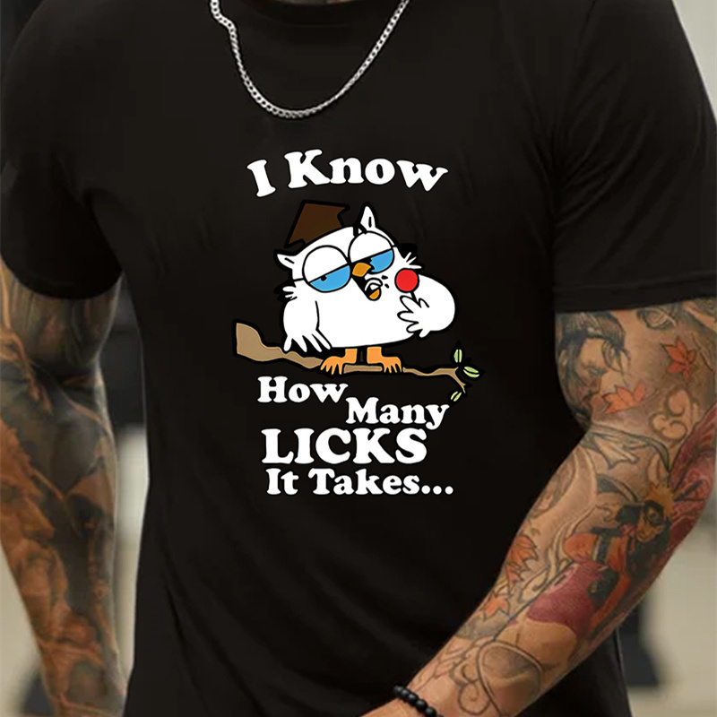 

'i Know How Many Licks It Takes ' Letters And Cartoon Owl Pattern Print Men's Crew Neck Short Sleeve T-shirt, Slightly Elastic, Summer Casual Comfy Top For Outdoor Fitness & Daily Wear