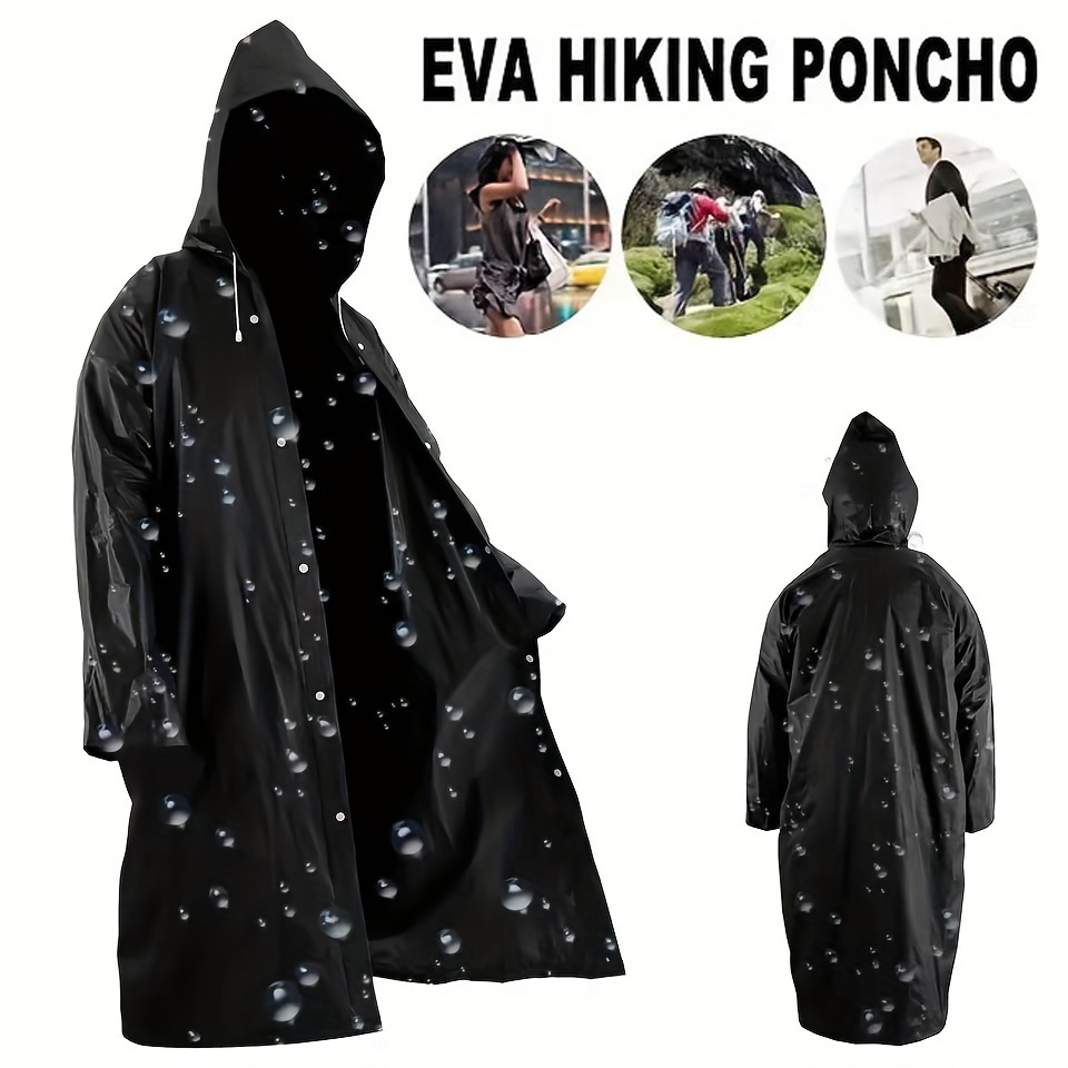 

Eva Hiking Poncho For Adults - Waterproof Raincoat With Windproof Drawstring Hood - Durable Fishing Rain Gear With Snap Closures - Long Thick Cloak Style Emergency Rainwear For Outdoor Activities
