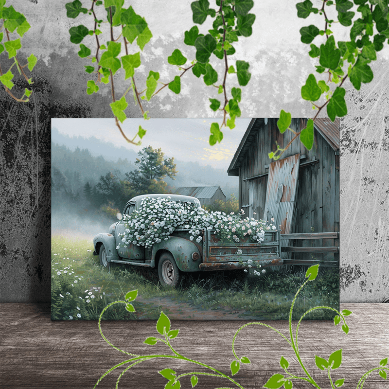 

1pc Wooden Framed Canvas Painting, A Nostalgic Rural Scene Featuring An Old-fashioned Pickup Truck Filled With An Abundance Of White And Pale Pink Flowers In Its Bed. The Truck, Painted In A Weathered