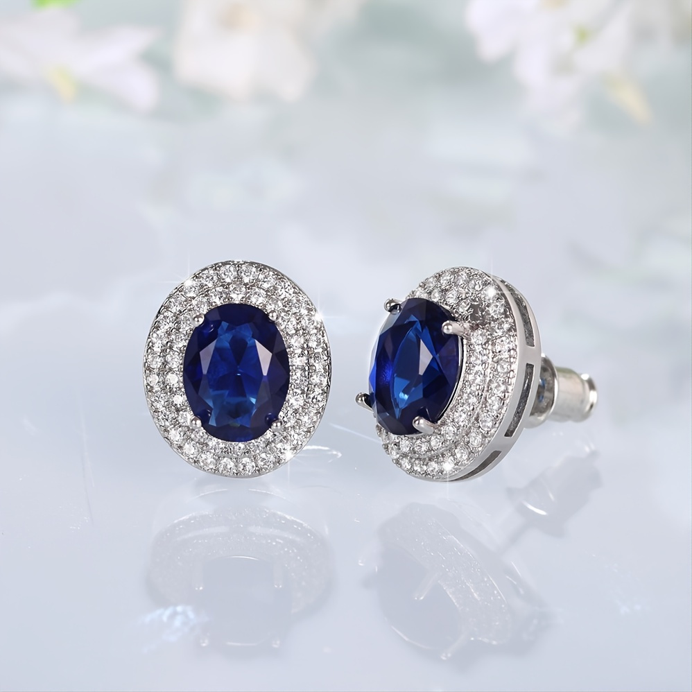 

Bridal Engagement Wedding Earrings For Women Silver Plated Zirconia Oval Cut Blue Sapphire Stud Earrings Jewelry Gift