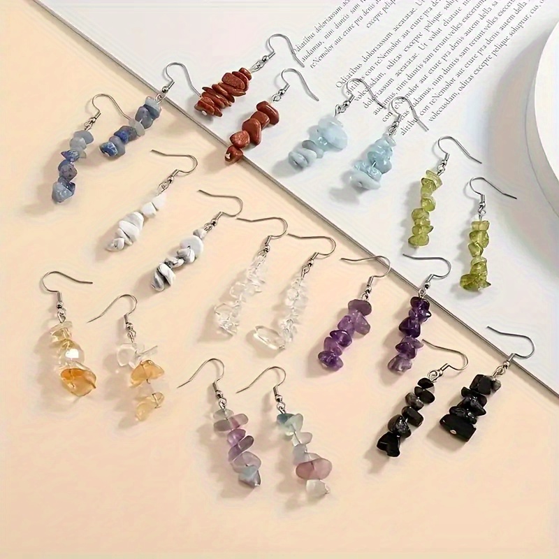 

12pairs Bohemian Style Colorful Natural Stone Long Dangle Earrings, Vintage Irregular Gravel Stone Pendant Jewelry For Women Girls, Great Gift Idea