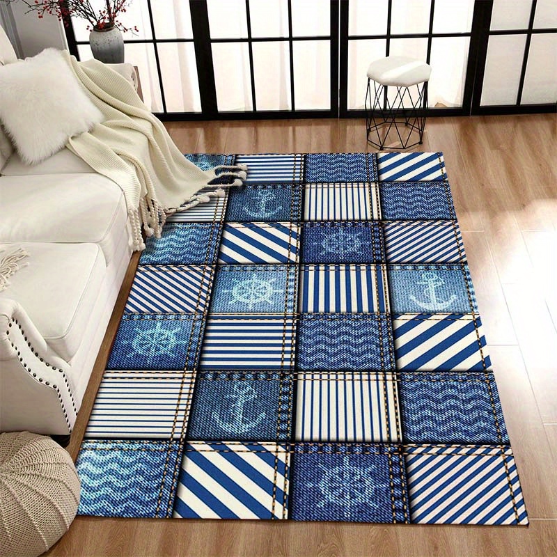 

Nautical Blue Denim Striped Rug - 200cm/78in X 160cm/62in - 800g/m² - Vegan Leather - Office Chair Rug - Decorative Carpet - Festive Gift