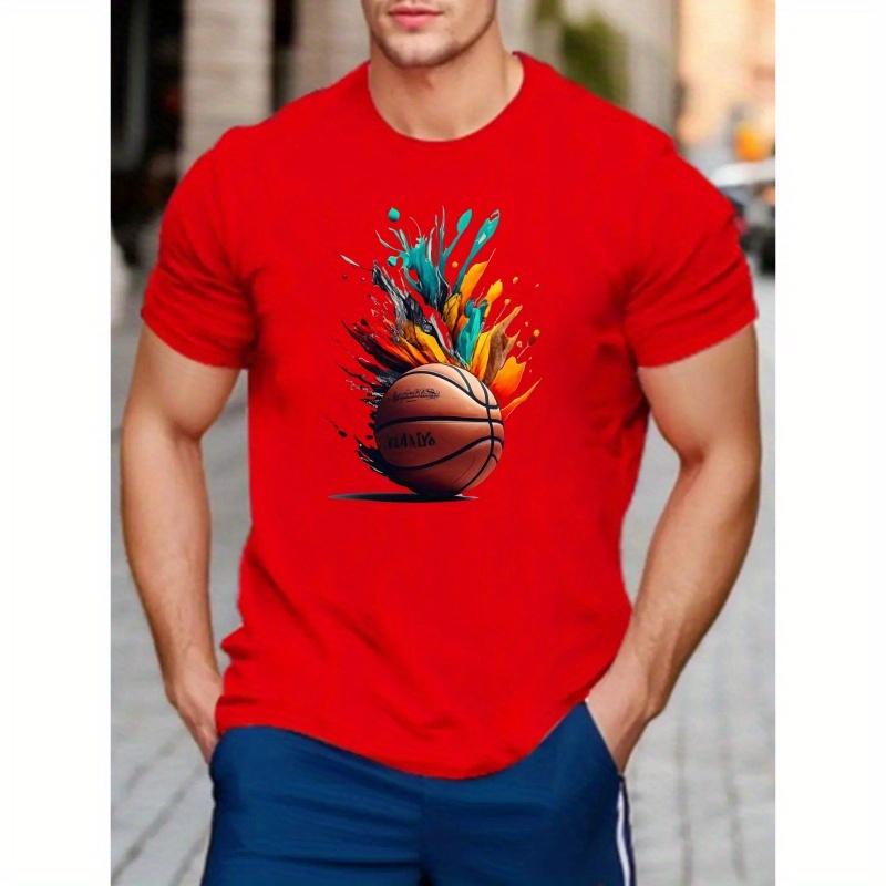 

Basketball Doodle Print Men's Crew Neck Short Sleeve Tees, Cotton T-shirt, Casual Comfy Versatile Top For Spring & Summer