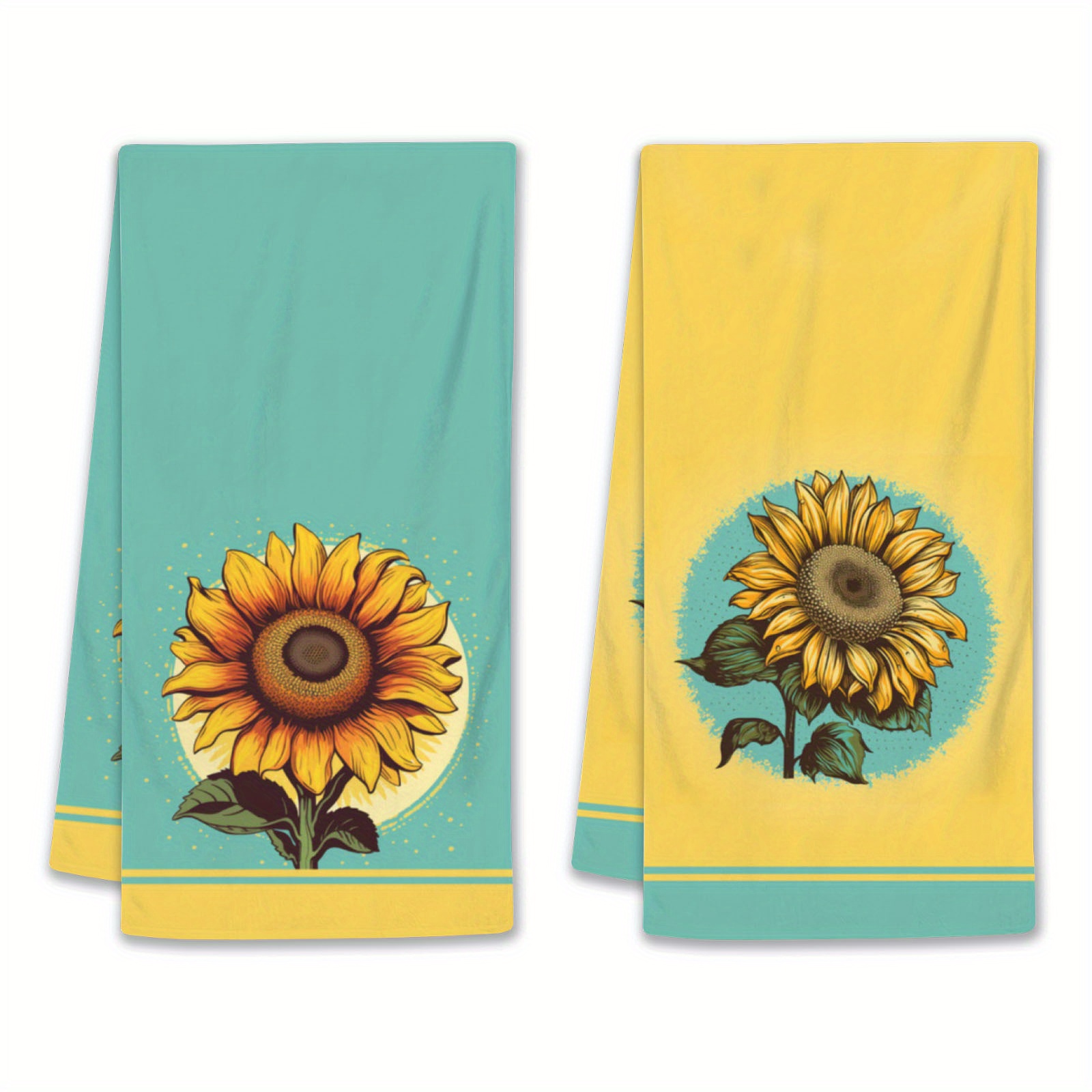 

2pcs, Sunflower Hand Towels, Farmhouse Style, Polyester, Highly Absorbent And Soft, Perfect For Bathroom, Kitchen, Home Decor, Hotel Use, Gym, Spa, Green And Yellow Design