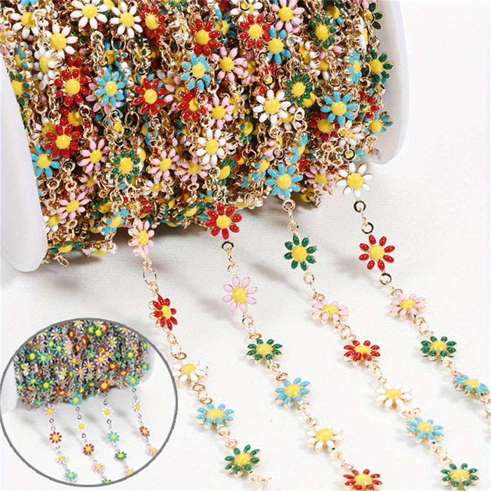

2 Meters/78.74inch Stainless Steel Link Chain, Colorful Enamel Daisy Flower Beaded Unwelded Link Chains For Necklace Bracelet Diy Jewelry Making Supplies, Gold+silver