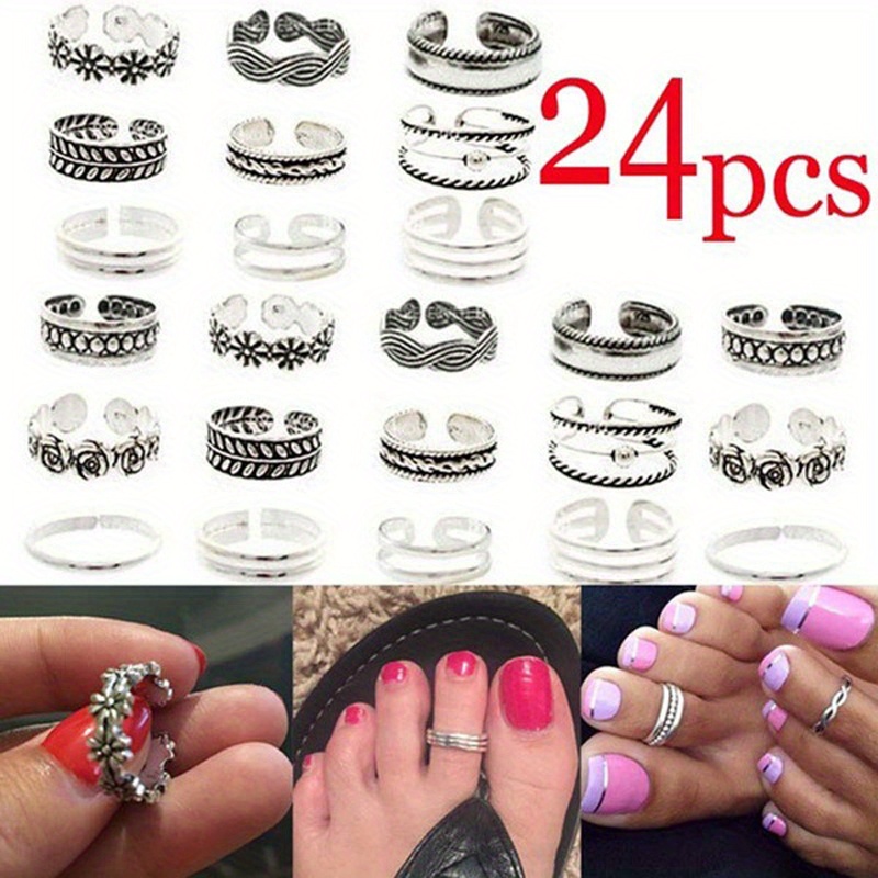 

24pcs -chic Adjustable Open Toe Ring Set For Women - Vintage Alloy Foot Jewelry With Floral, Leaf, And Wave Designs, Ideal For Beach & Casual Attire