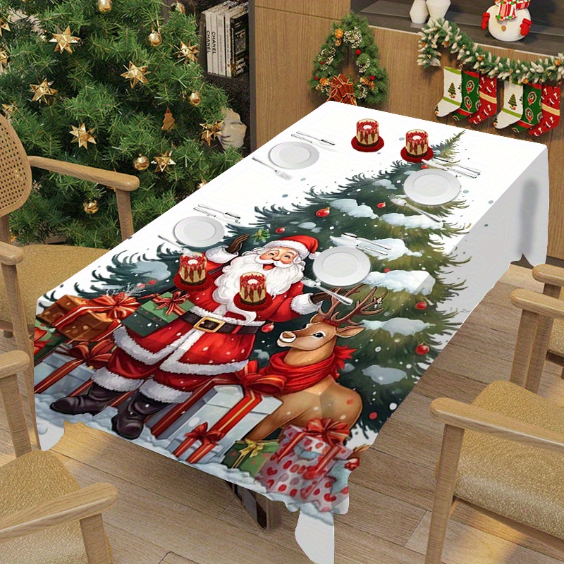 

Merry Christmas Waterproof & Oil-resistant Tablecloth - Festive Santa & Reindeer Design, Polyester, Perfect For Holiday Dining & Kitchen Decor, Available In 5 Sizes