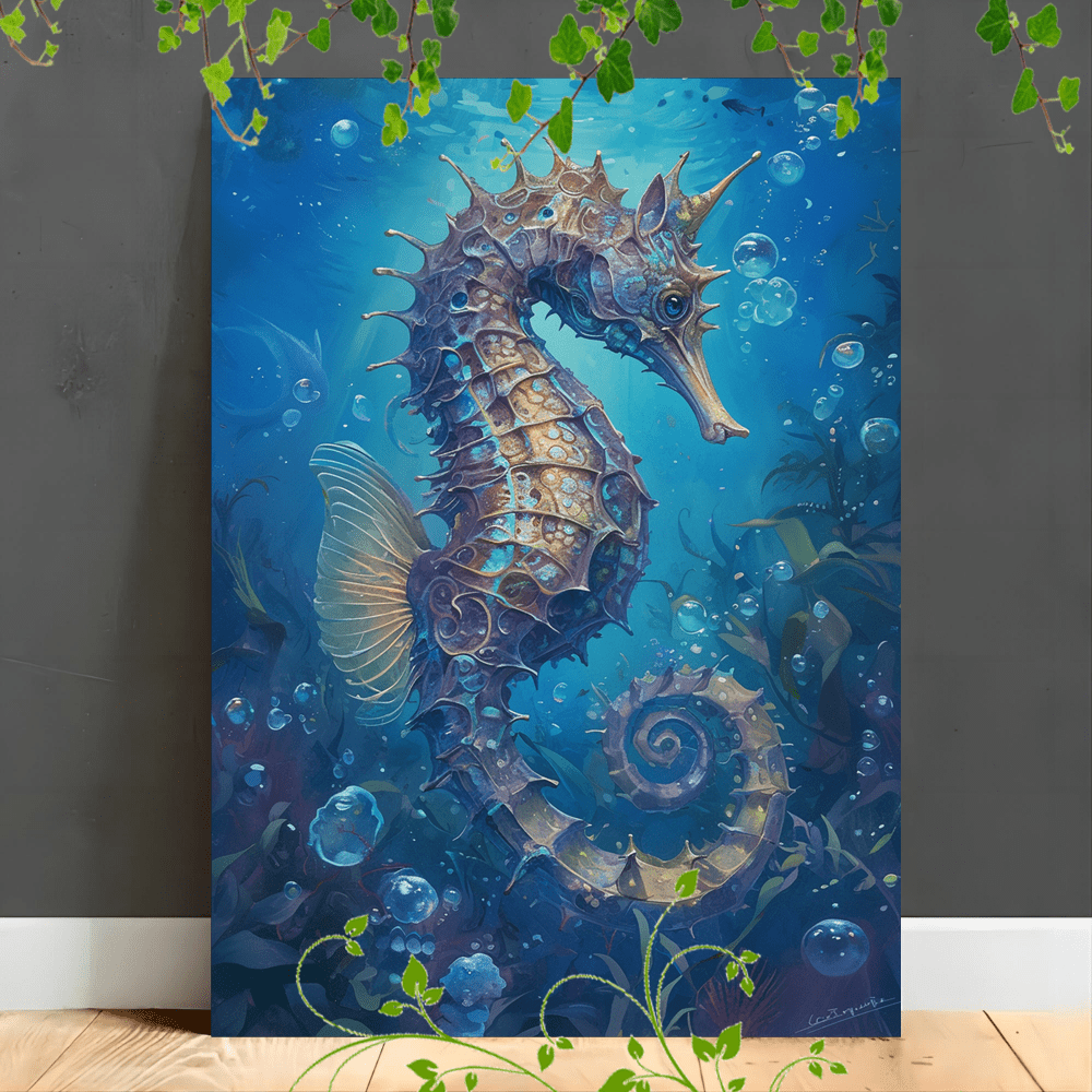 

1pc Wooden Framed Canvas Painting, A Detailed And Vibrant Depiction Of A Seahorse Underwater. The Seahorse Is Intricately Textured, With Shades Of Blue, Purple, And Gold, And Appears To Be F