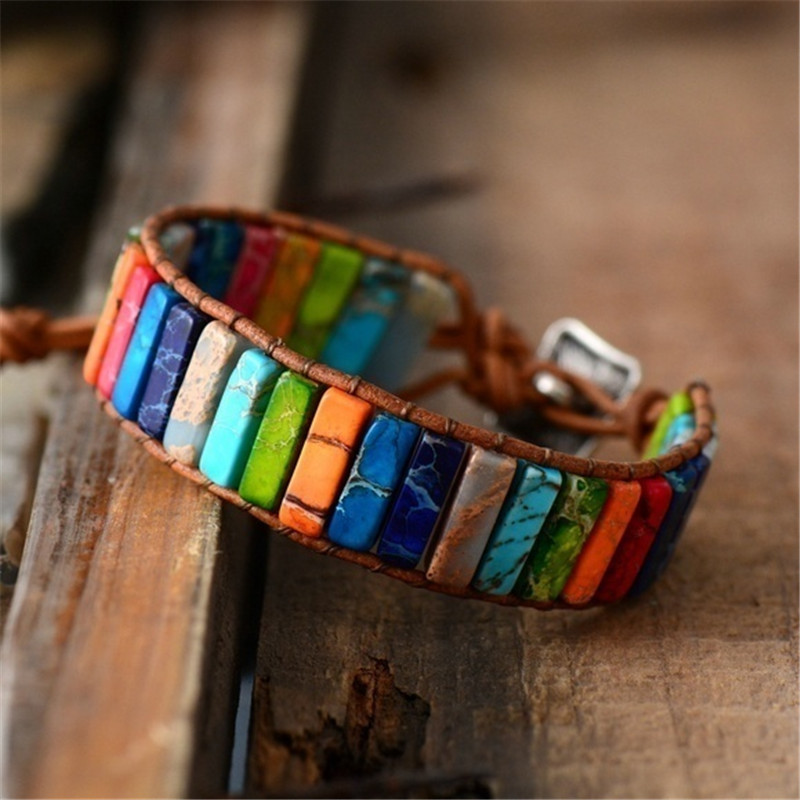 

Bohemian Vacation Style Colorful Bracelet Hand Woven Cowhide Rope Stone Hand Jewelry For Women