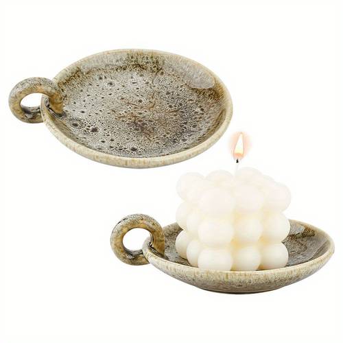 2pcs porcelain candle holders with handle flat round dark olive green 14 5x12 3x2 2 4 3cm