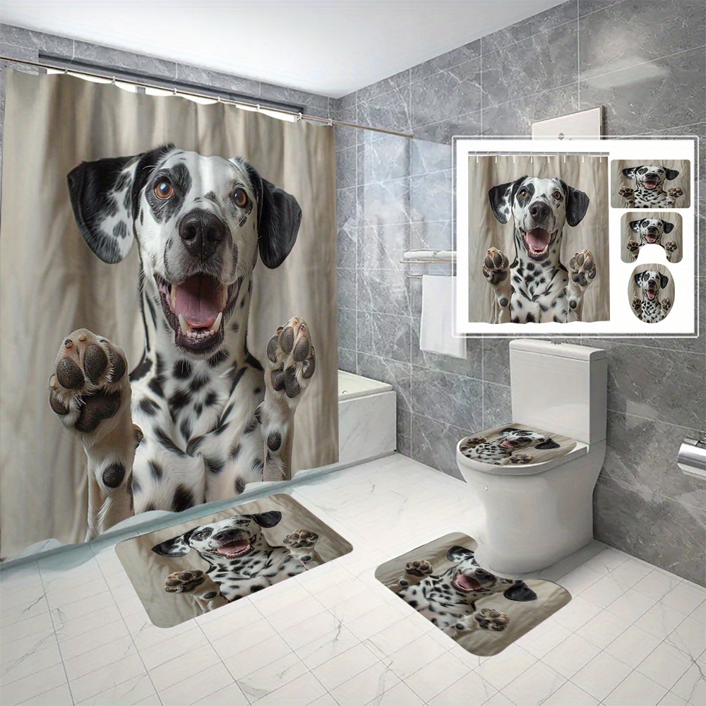 

Dalmatian Dog Shower Curtain Set, 4 -resistant Twill Weave Polyester Fabric With Cartoon Animal Theme, Includes Hooks, Machine Washable Bathroom Decor Set
